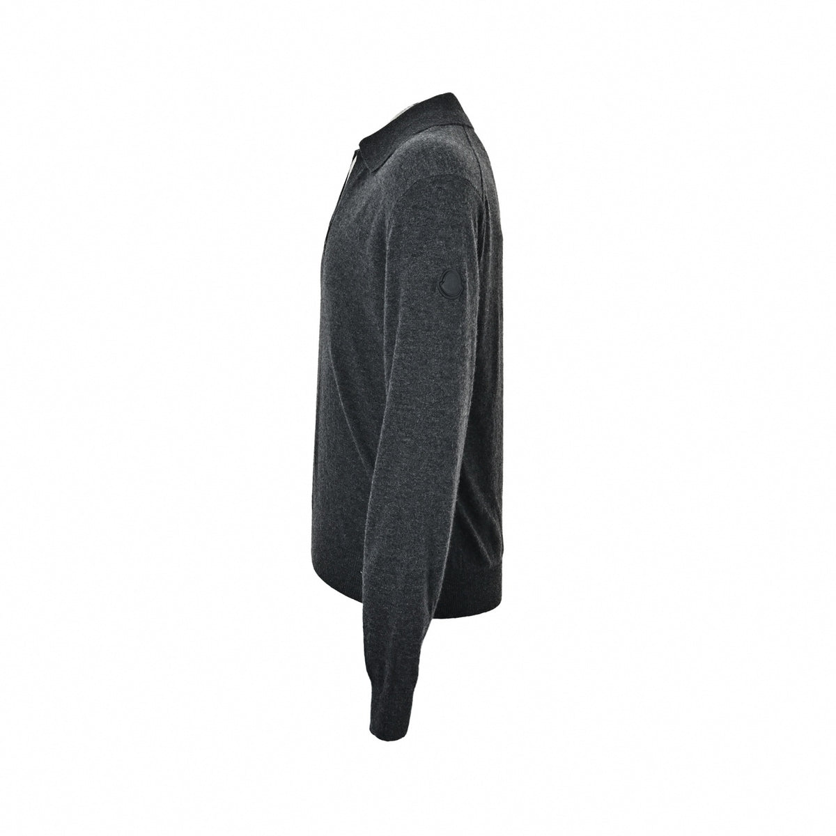 Open-Collar Long-Sleeve Wool Polo Jumper in Charcoal Grey
