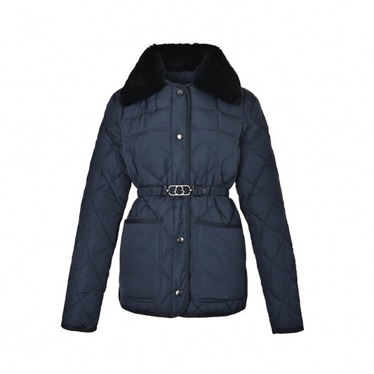 Diamond Quilted Fur-Collar Belted Jacket in Dark Navy Blue