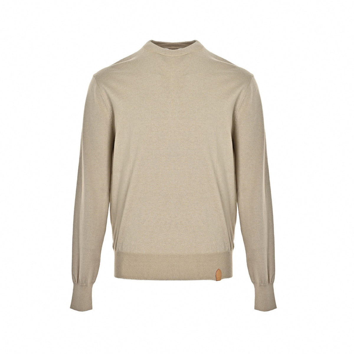 Vachetta Leather Tab Fine Knit Crewneck Sweater in Beige
