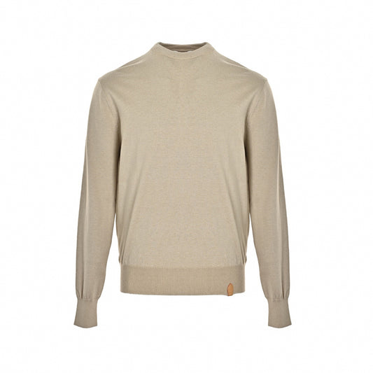 Vachetta Leather Tab Fine Knit Crewneck Sweater in Beige