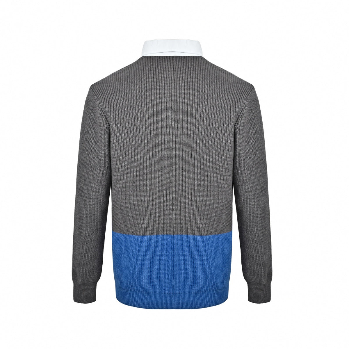 Color-Blocked Ribbed Wool Polo Collar Sweater in Grey & Electric Blue