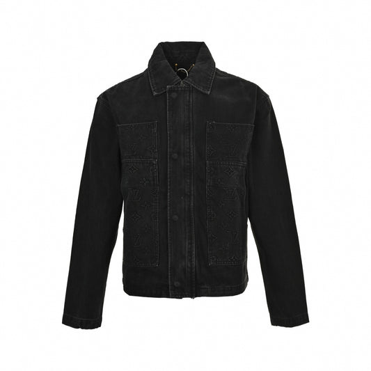 Monogram Panel Washed Denim Jacket in Black