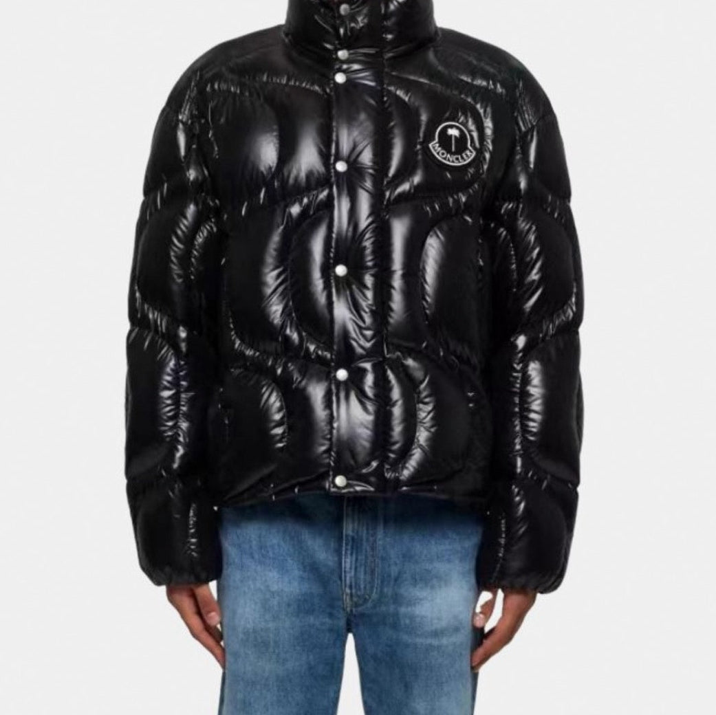 Shiny Wave-Quilted Down Puffer Jacket in Glossy Black