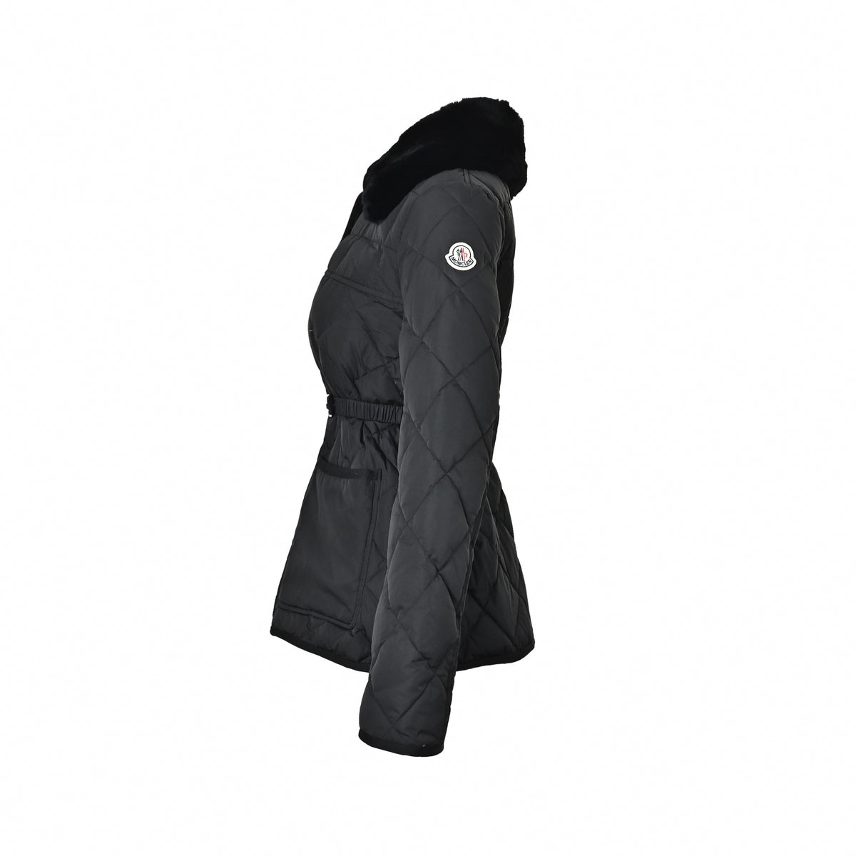 Diamond Quilted Fur-Collar Belted Jacket in Black