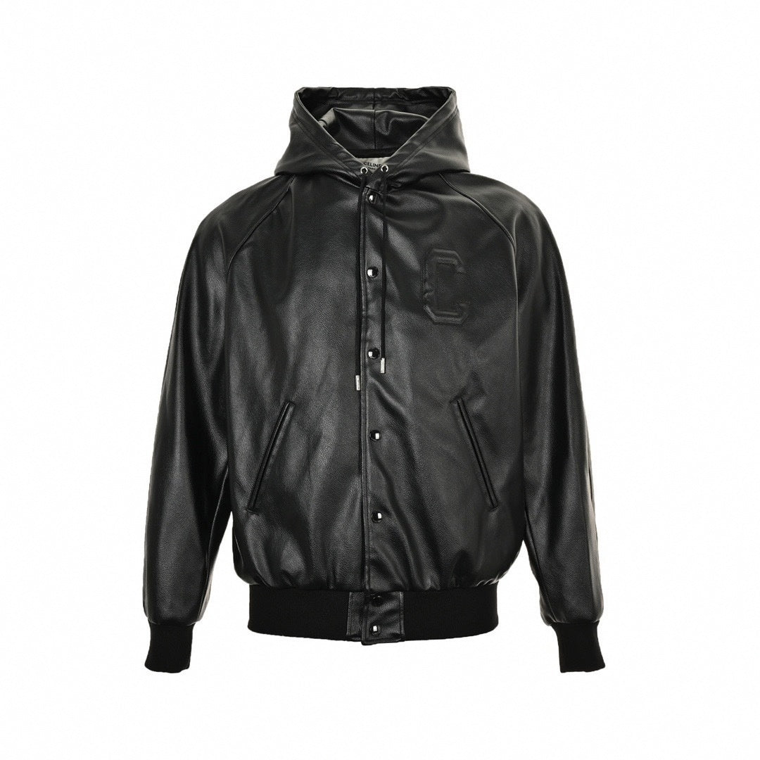 Tonal Leather Hooded Varsity Jacket | Black