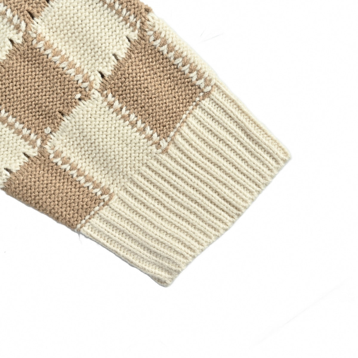 Damier Intarsia Knit Cardigan in Beige & Cream
