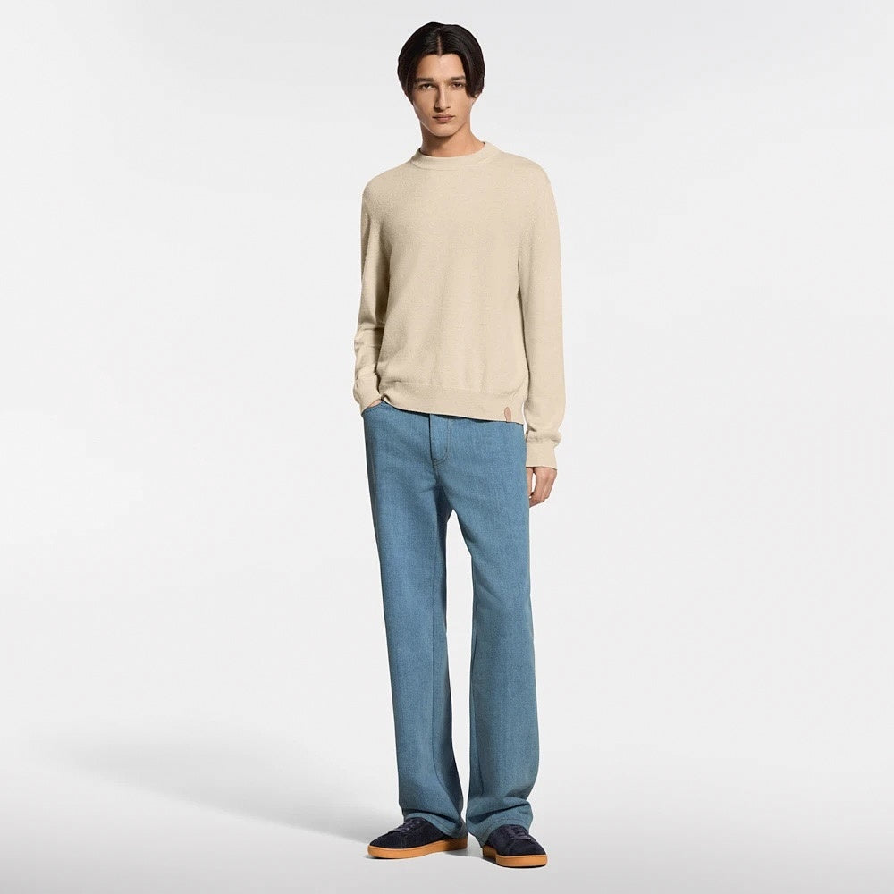 Vachetta Leather Tab Fine Knit Crewneck Sweater in Beige