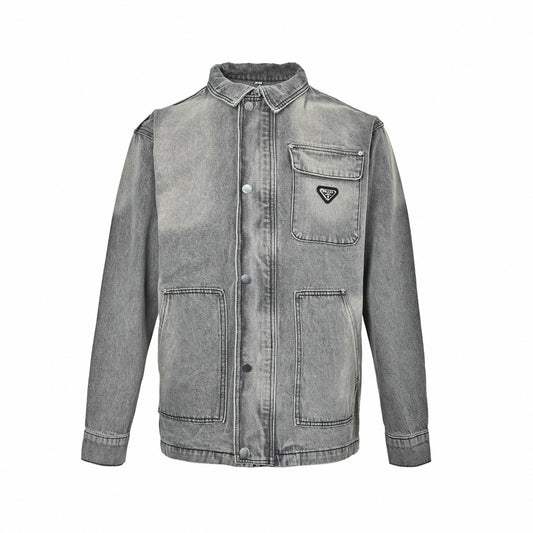 Enamel Triangle Logo Washed Denim Jacket in Grey