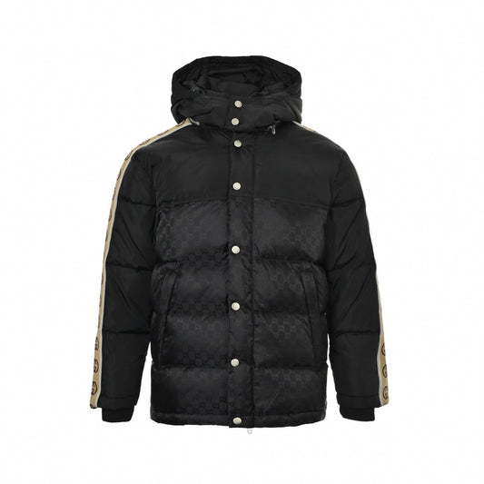 GG Jacquard Nylon Puffer Jacket with Sleeve Tape | Black