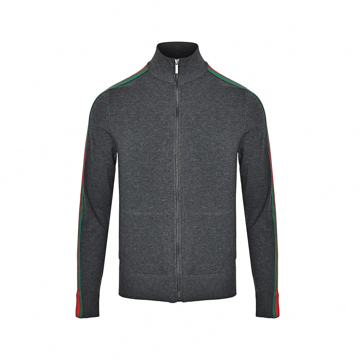 Web Stripe Wool Full-Zip Knit Cardigan Track Jacket in Charcoal Grey