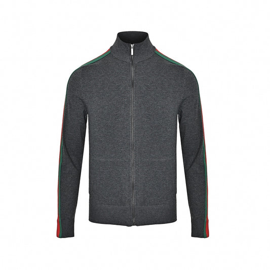 Web Stripe Wool Full-Zip Knit Cardigan Track Jacket in Charcoal Grey