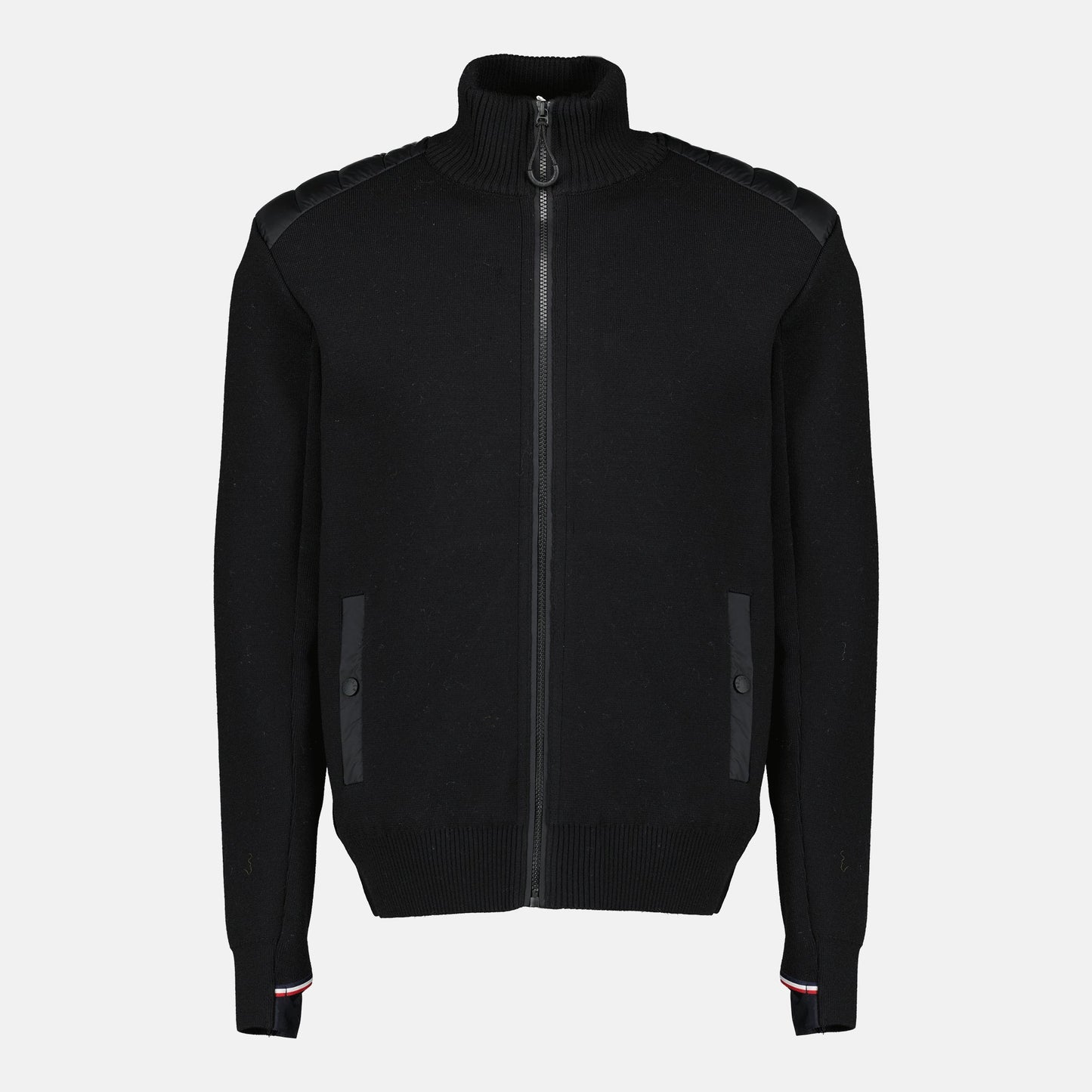 Black Quilted Zip-Up Cardigan in Wool