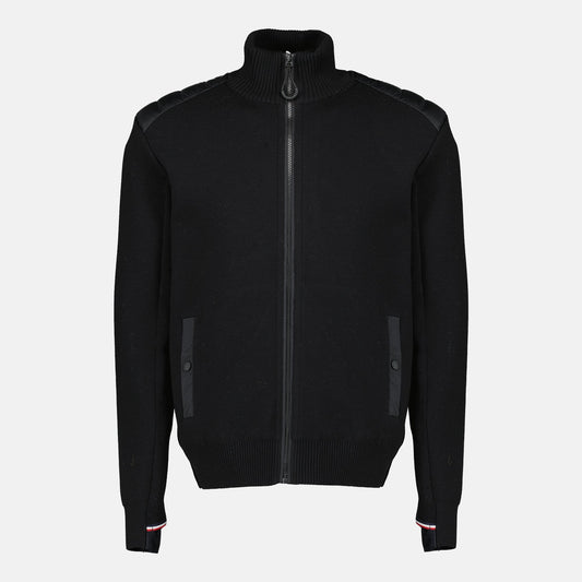 Black Quilted Zip-Up Cardigan in Wool