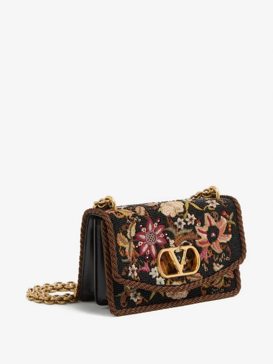 Vain Small Tapestry Floral Bead & Thread Embroidered Shoulder Bag in Black & Multicolour