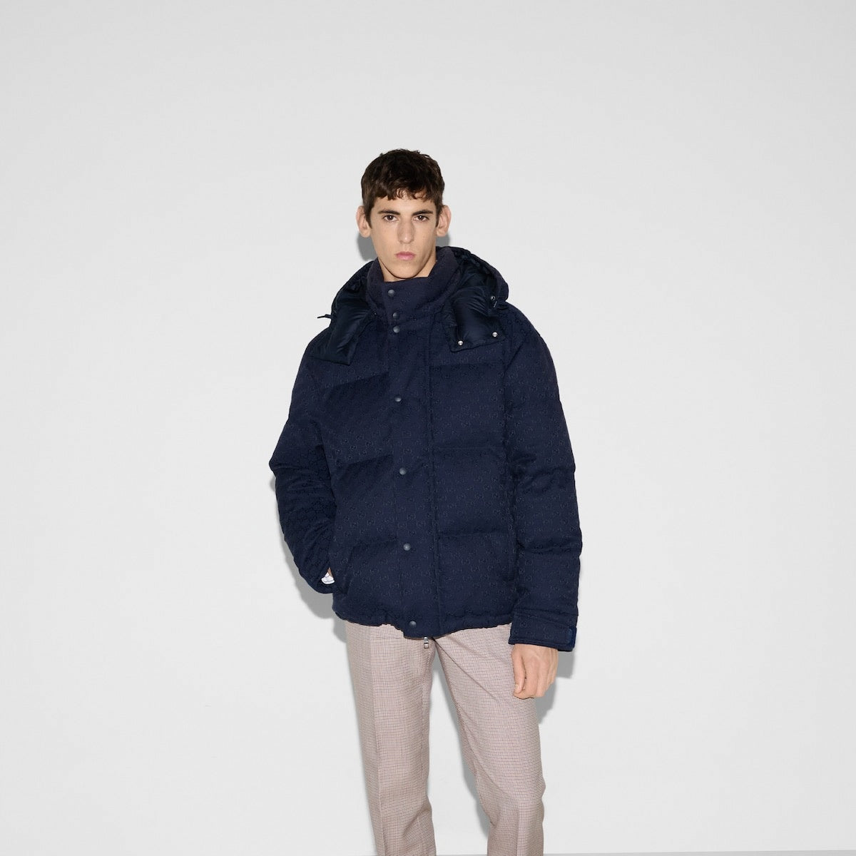 GG Jacquard Canvas Hooded Down Puffer Jacket in Dark Navy