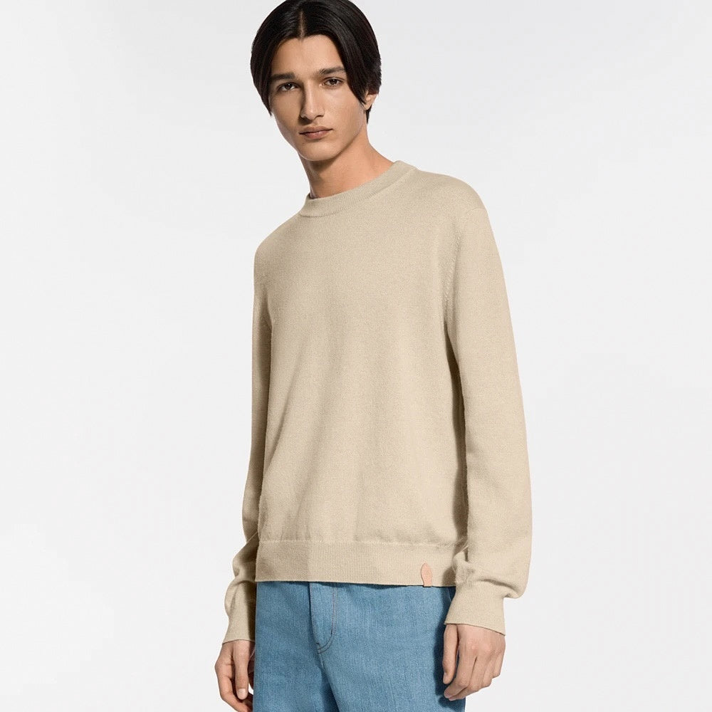 Vachetta Leather Tab Fine Knit Crewneck Sweater in Beige