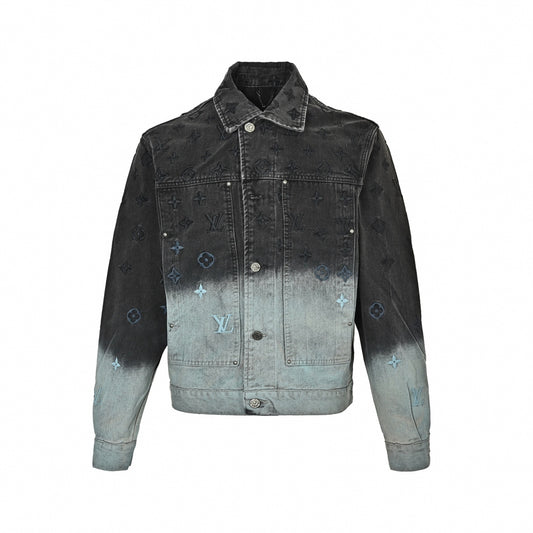 Embroidered Monogram Gradient Denim Jacket - Black/Light Blue