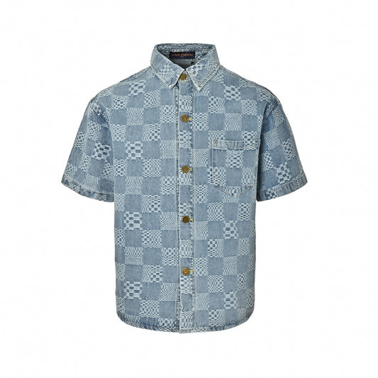 Textured Damier Denim Short-Sleeve Shirt | Light Blue