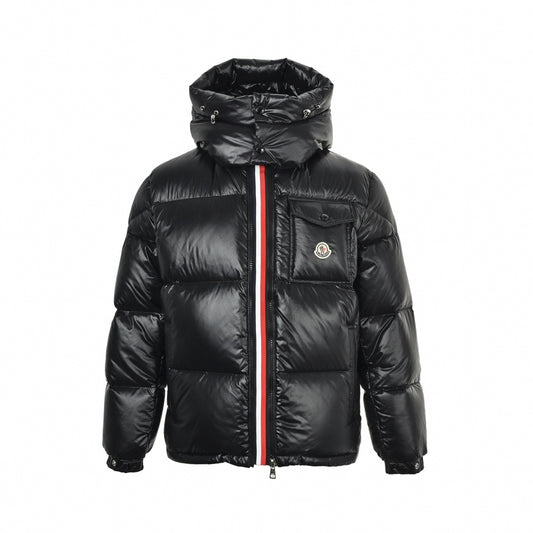 Tricolor Zip Hooded Down Puffer Jacket in Shiny Black