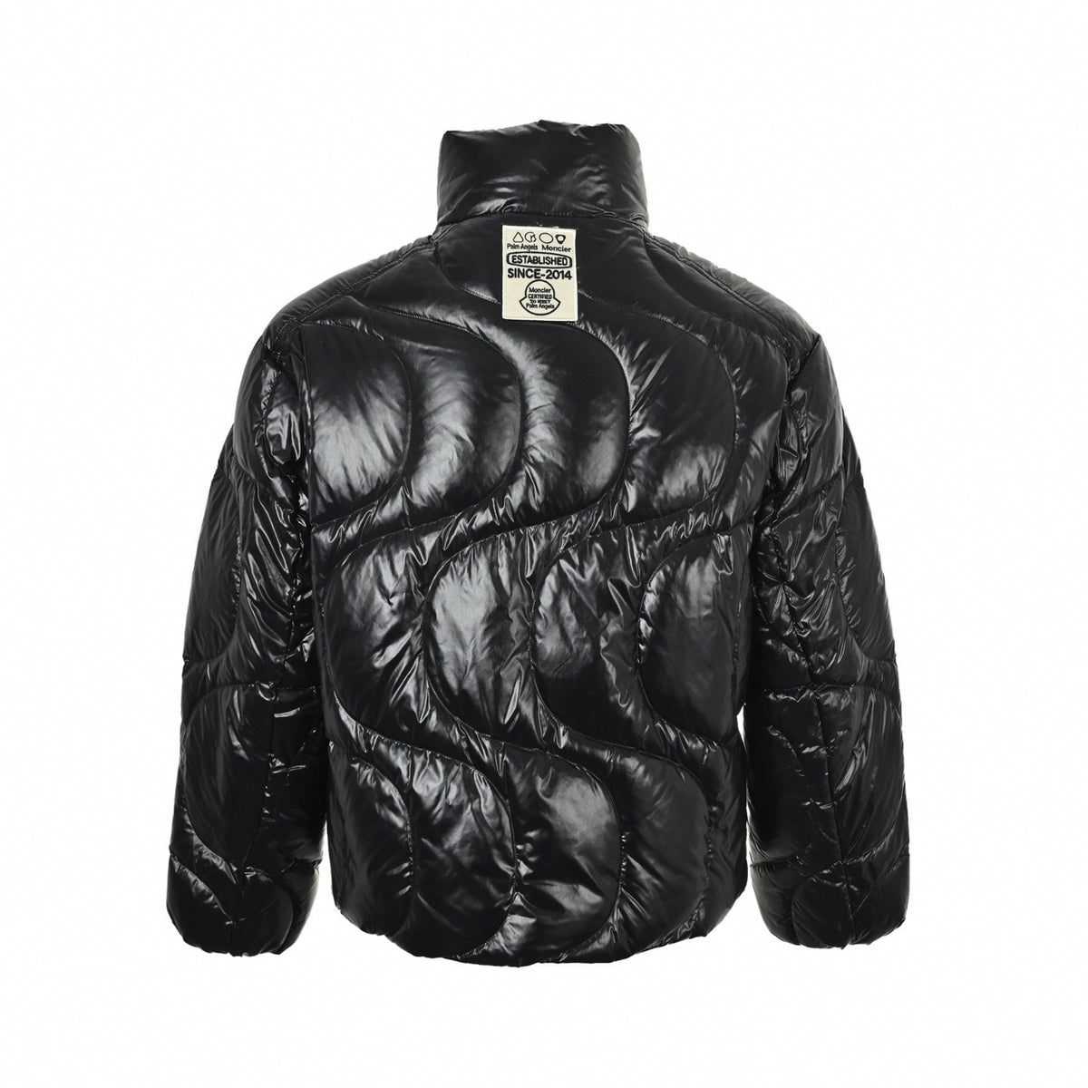 Shiny Wave-Quilted Down Puffer Jacket in Glossy Black