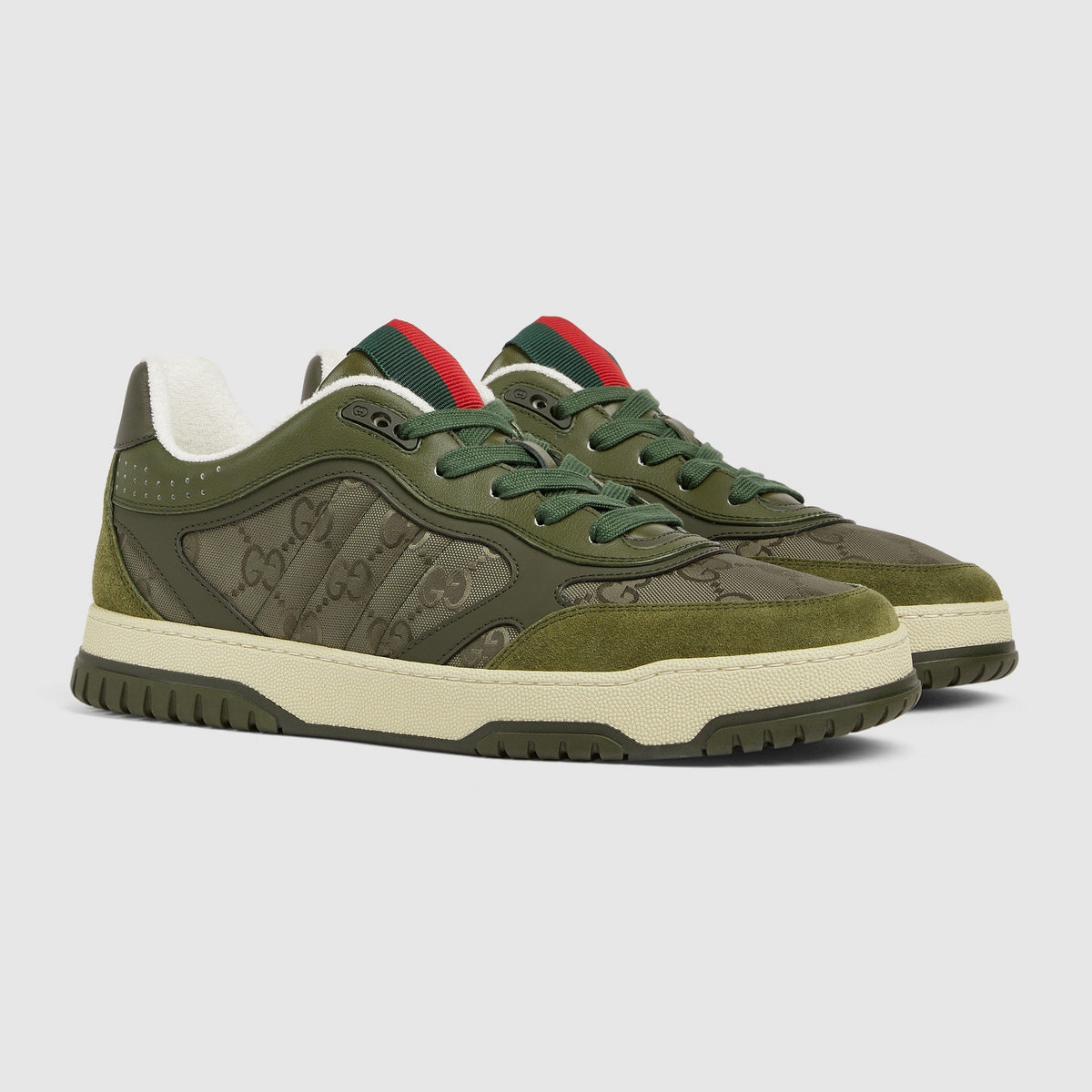 GG Jacquard & Suede Low-Top Sneakers in Olive Green & Cream