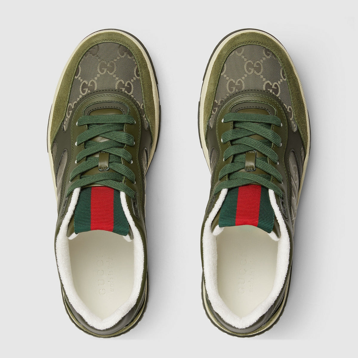 GG Jacquard & Suede Low-Top Sneakers in Olive Green & Cream