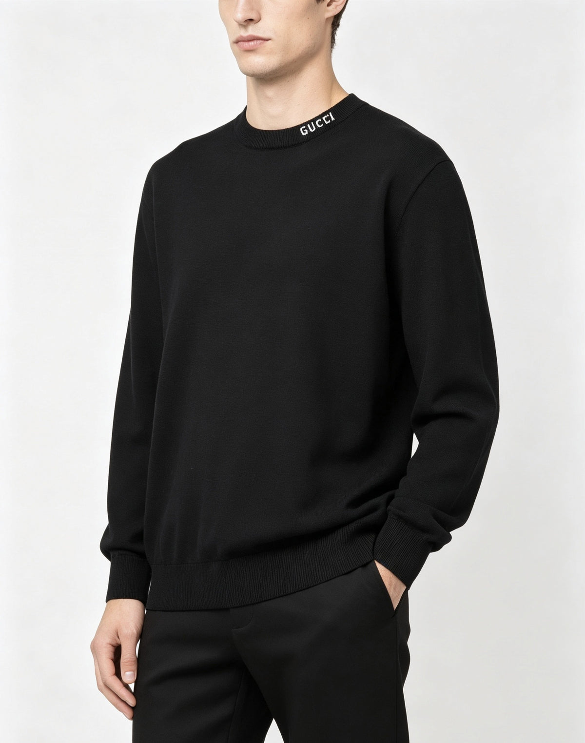 Embroidered Collar Wool Crewneck Sweater in Black