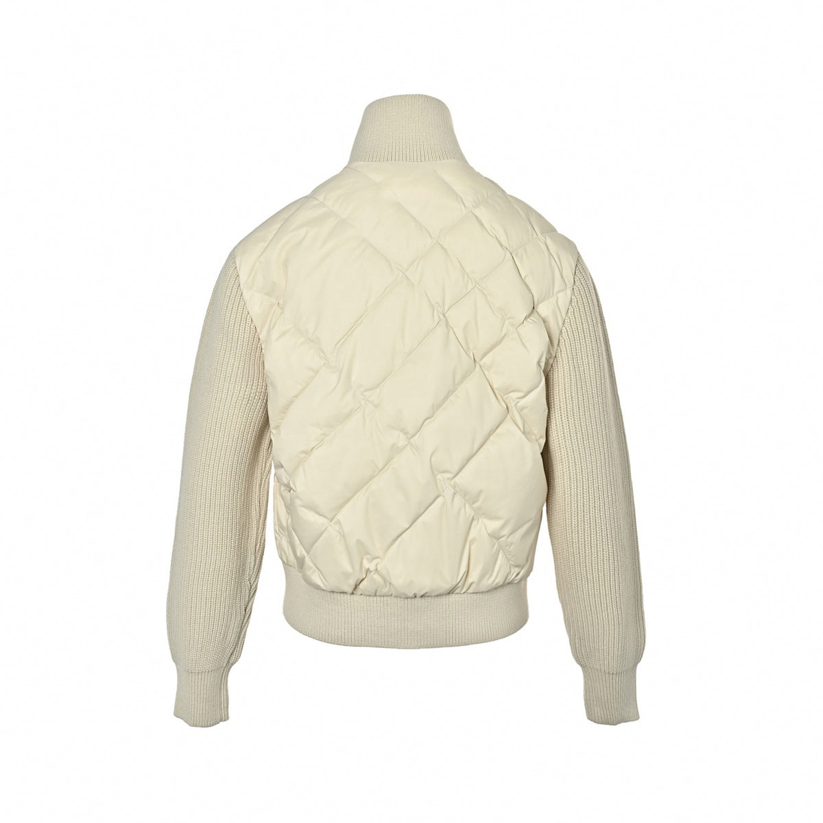 Hybrid Knit & Quilted Down Cardigan Jacket in Off-White & Beige