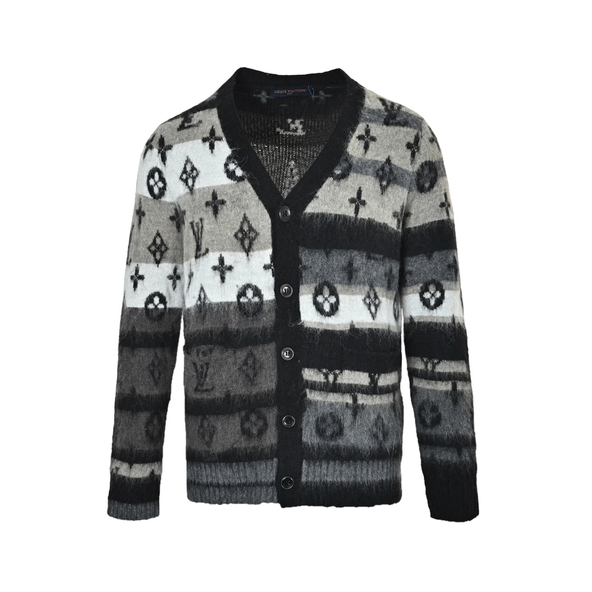 Gradient Striped Monogram Brushed Mohair Cardigan in Charcoal & Off-White