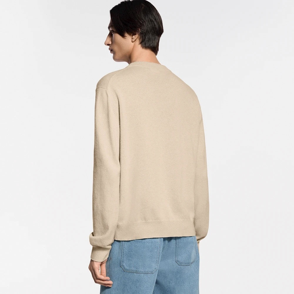 Vachetta Leather Tab Fine Knit Crewneck Sweater in Beige