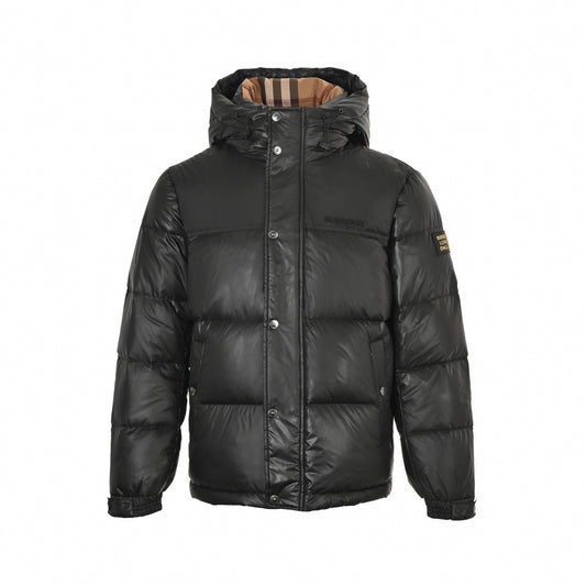 Check Lined Hooded Puffer | Black