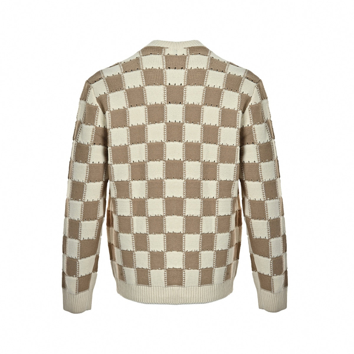 Damier Intarsia Knit Cardigan in Beige & Cream