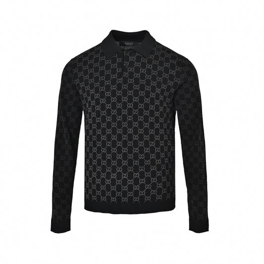 GG Jacquard Long-Sleeved Knit Polo Jumper in Black & Grey