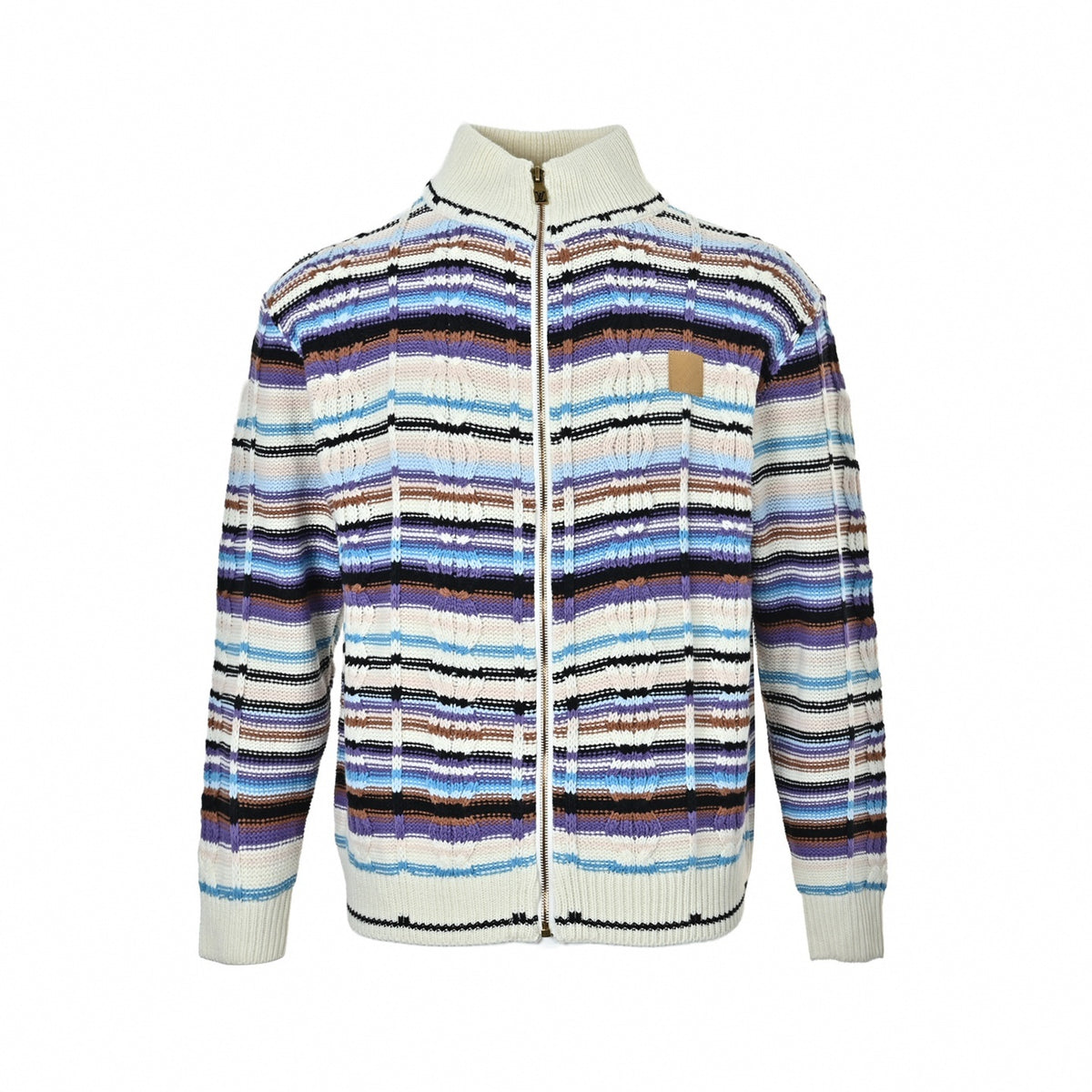 Striped Cable-Knit Full-Zip Sweater Jacket with Leather Patch