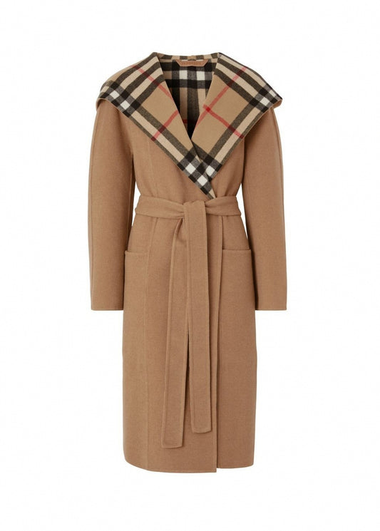 Check-Lined Hooded Wrap Coat - Camel