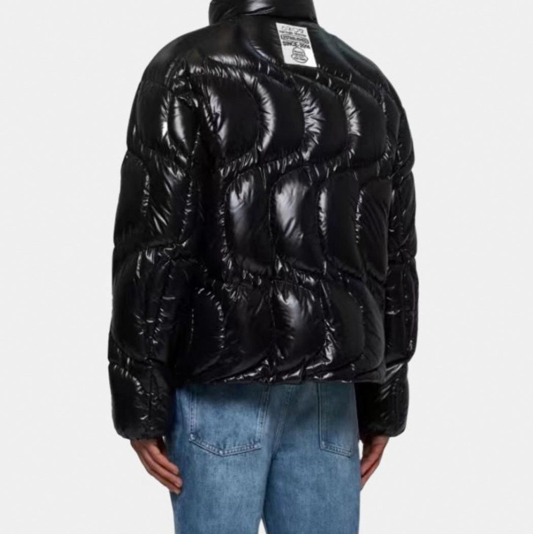 Shiny Wave-Quilted Down Puffer Jacket in Glossy Black