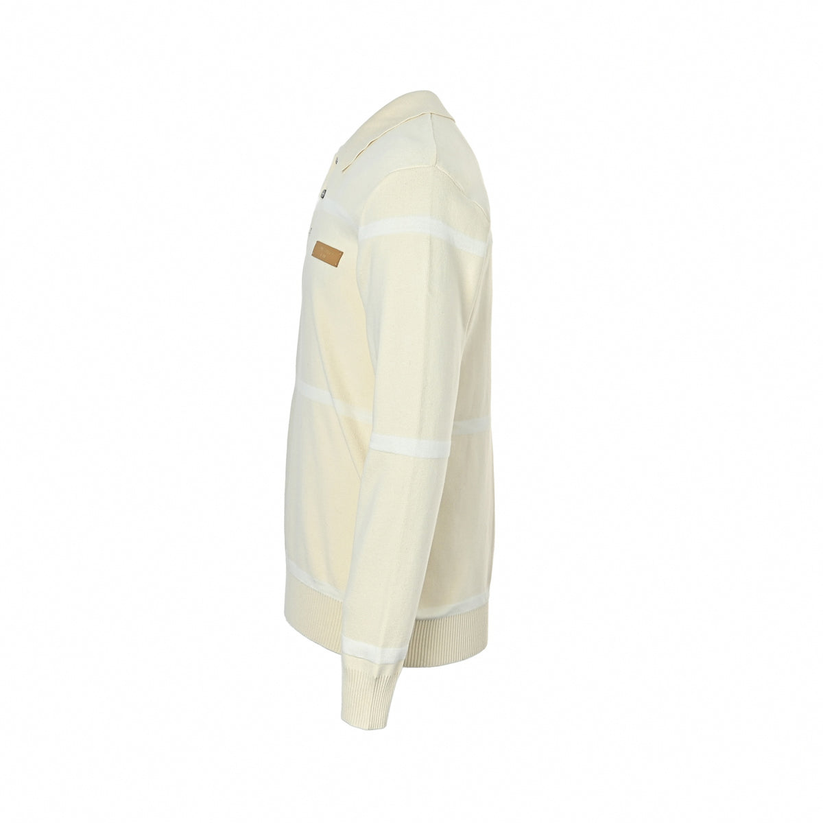 Striped Long-Sleeved Knit Polo Jumper in Cream & Tan Leather Patch