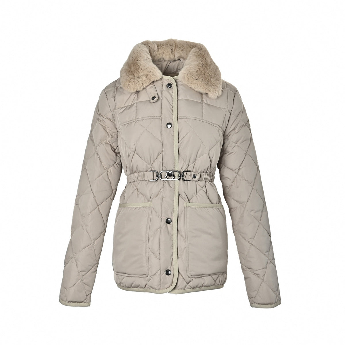 Diamond Quilted Fur-Collar Belted Jacket in Beige