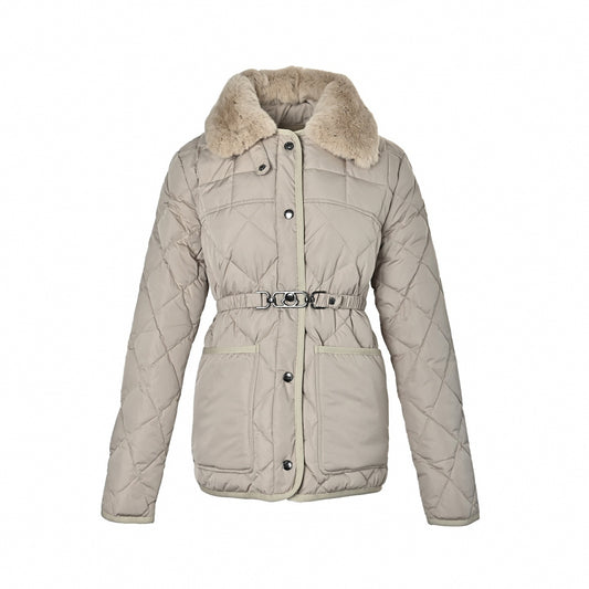 Diamond Quilted Fur-Collar Belted Jacket in Beige
