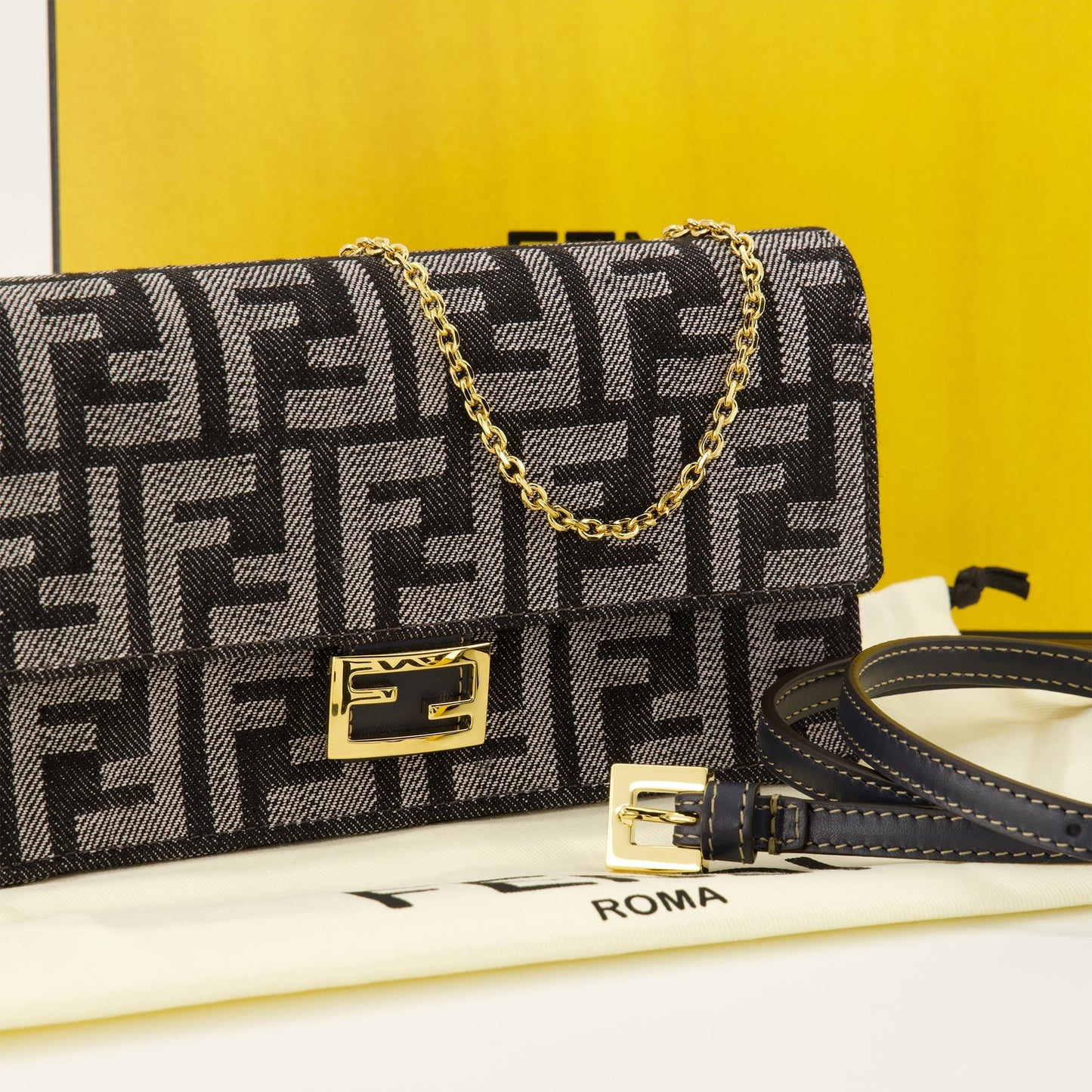 Gray FF Denim Chain Baguette Wallet