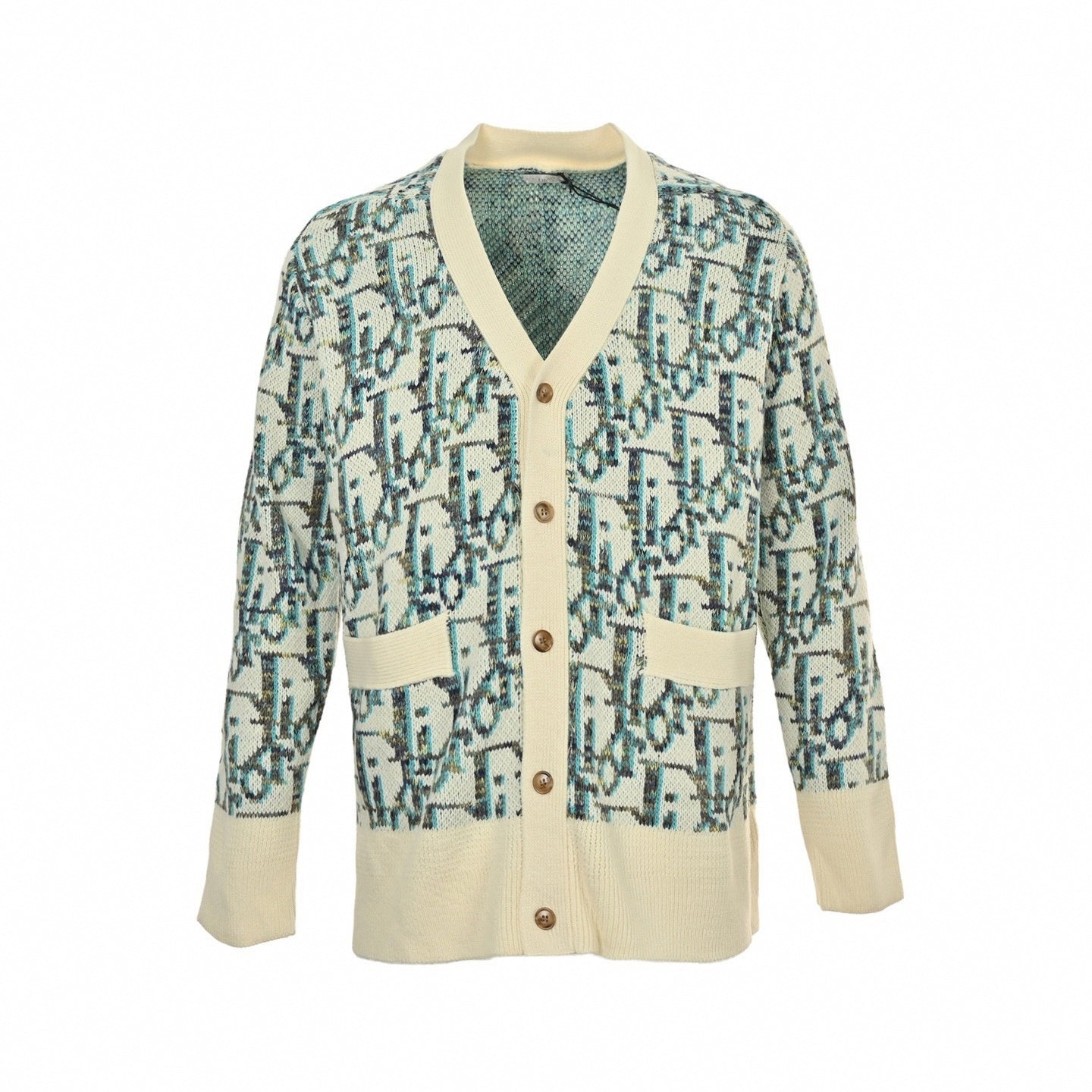 Oblique Cotton Jacquard Cardigan | White & Teal
