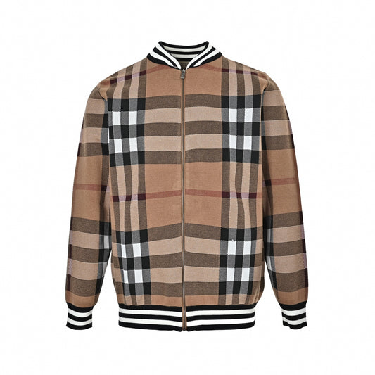 Vintage Check Full-Zip Jacquard Knit Bomber Jacket in Archive Beige