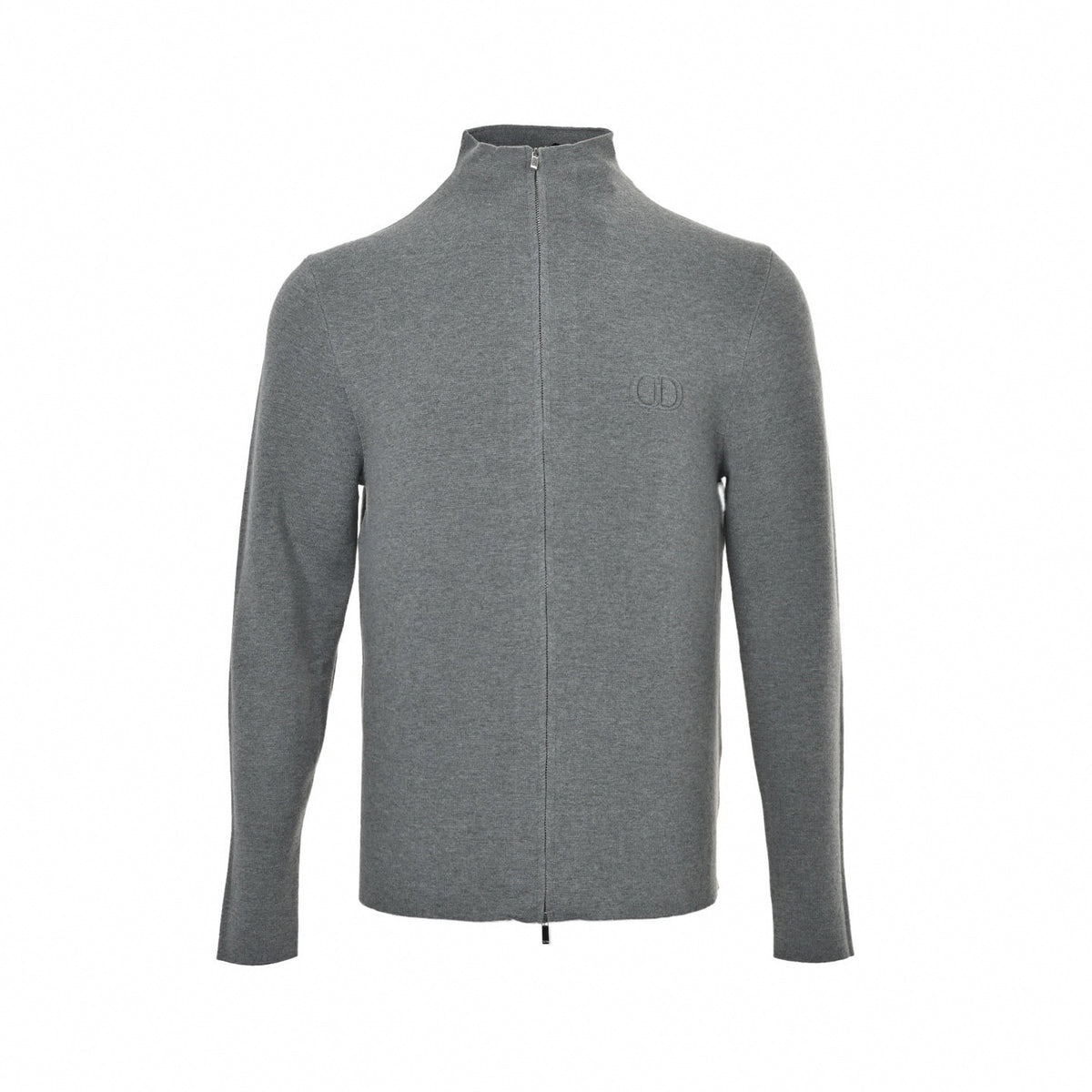 CD Embroidered Full-Zip Stand-Collar Knit Sweater Jacket in Grey