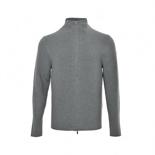 CD Embroidered Full-Zip Stand-Collar Knit Sweater Jacket in Grey