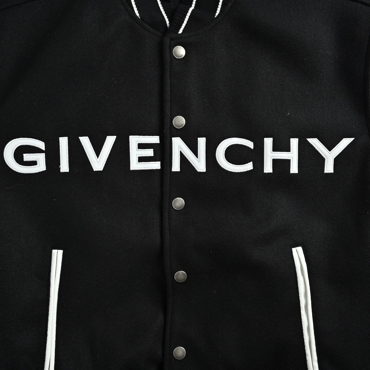 Logo Leather-Sleeved Varsity Jacket in Black & White