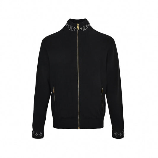 Monogram Trim Full-Zip Cardigan Black