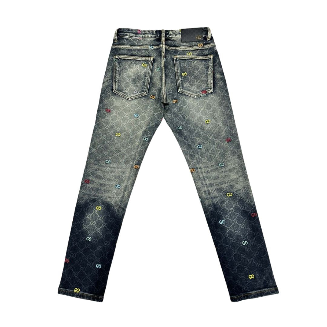 Multi-Color Embroidered GG Monogram Jeans | Washed Black