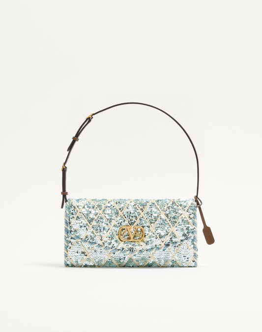 DeVain Small Shoulder Bag with Rhombelle Sequin Embroidery in Aqua & Silver