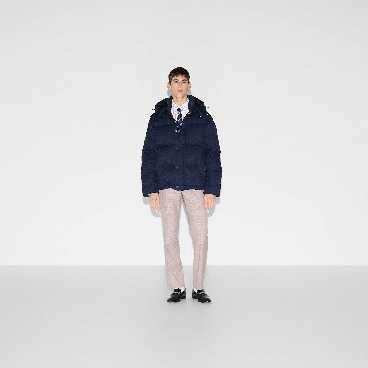 GG Jacquard Canvas Hooded Down Puffer Jacket in Dark Navy