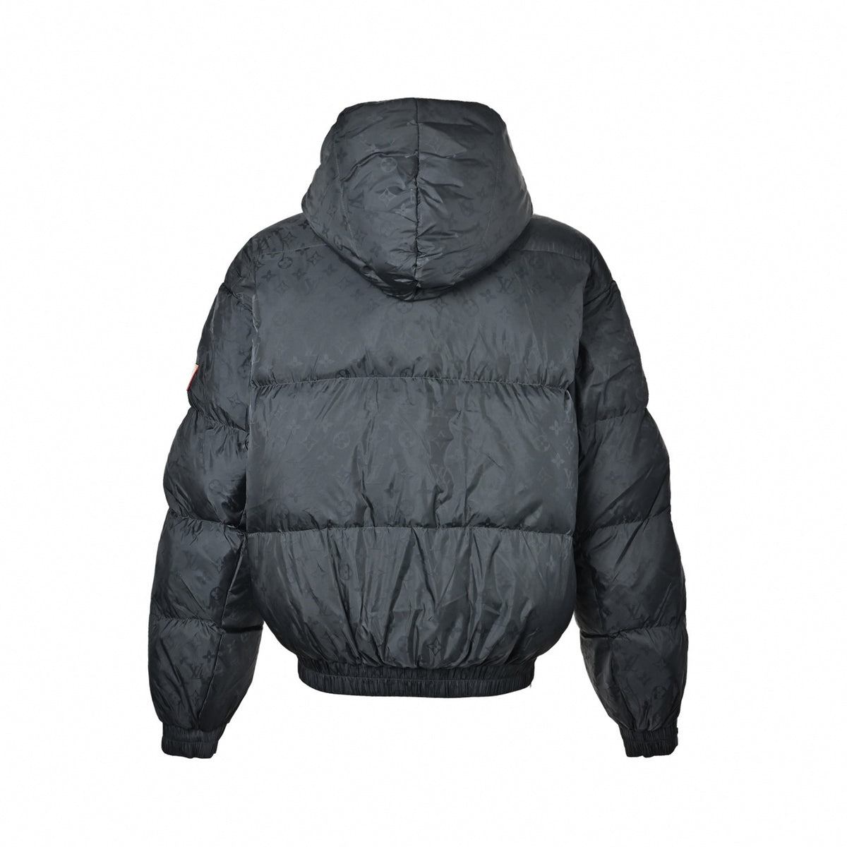 Monogram Jacquard Hooded Down Puffer in Charcoal Grey